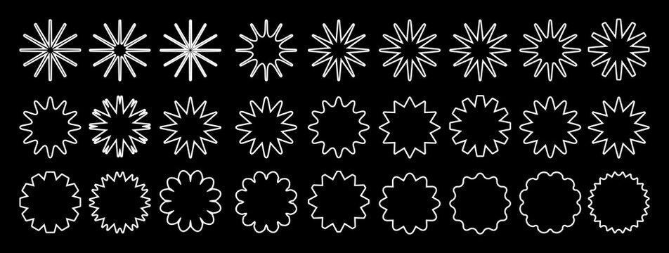 Set of white stars icons. Star shapes collection. Minimalist simple stars pack. Christmas star objects isolated on black background. Vector illustration