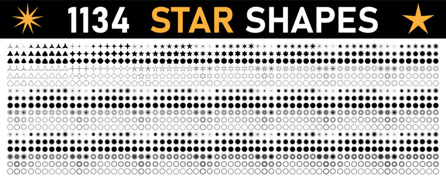 Mega pack of black stars icons. Star shapes collection. Minimalist simple stars pack. Christmas star objects isolated on transparent background. Vector png
