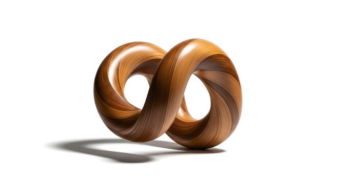 Polished wooden infinity symbol, elegant carved wood mobius loop sculpture, brown timber eternal knot on white background, conceptual art for longevity