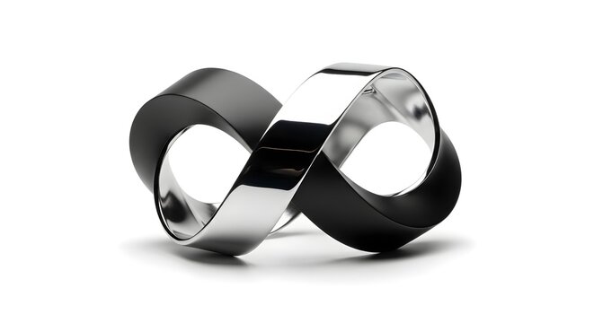 Metallic infinity symbol with chrome and matte black finish, elegant 3d loop sculpture, interlocking silver and dark bands on white background