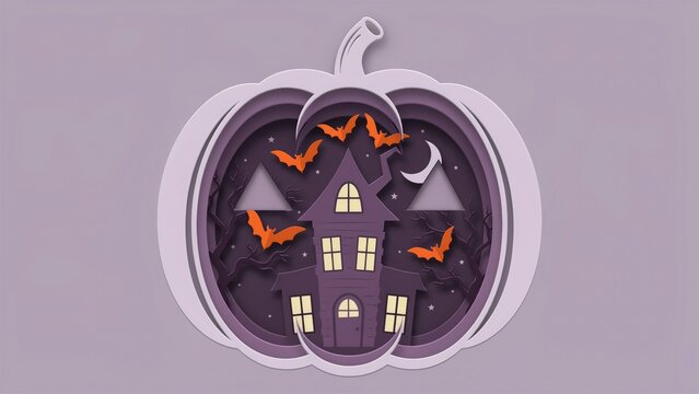 Paper cut halloween pumpkin with haunted house