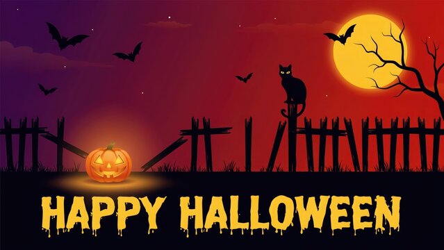 Spooky halloween scene with bats black cat and jack o' lantern