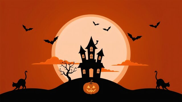 Spooky halloween scene with haunted house and black cats