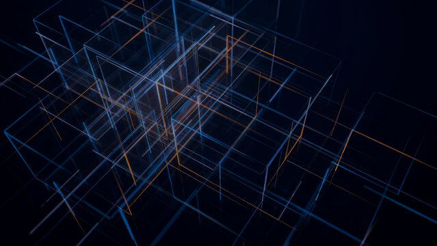 Abstract 3d architectural grid with blue and orange neon lines in dark void.