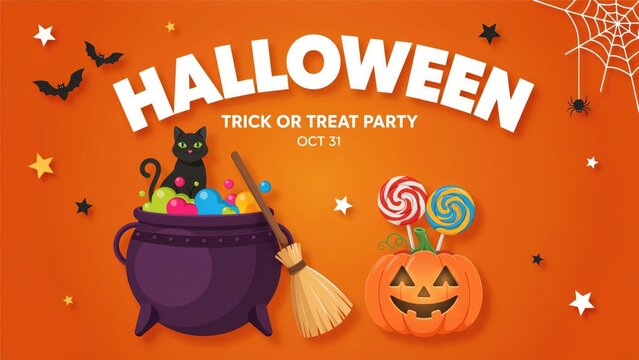 Halloween party illustration with cauldron cat and pumpkin