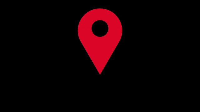 A bright red location marker icon (pin) in 2D format&mdash;a navigation symbol against a black background. 4K video animation.