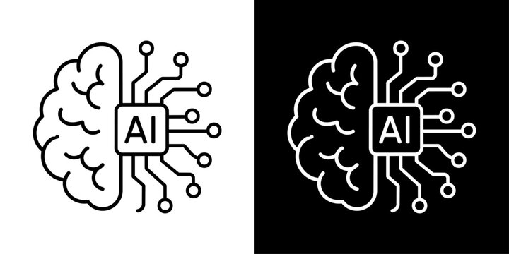 AIを表す脳と電子回路の白黒線画アイコンセット