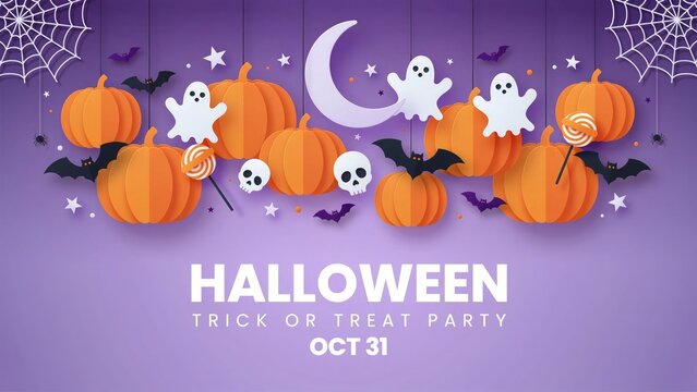 Halloween party banner with pumpkins and ghosts