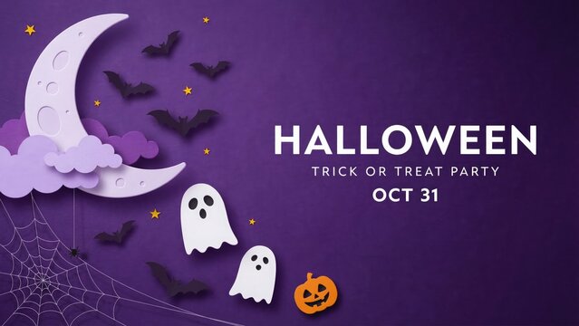 Halloween party invitation with ghosts bats and crescent moon