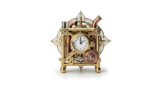 Steampunk clock with brass gears and copper pipes, vintage mechanical timepiece on white background, ornate metallic industrial clockwork