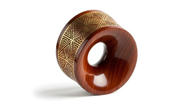 Polished mahogany wood ear gauge with gold geometric engraving, luxury organic body jewelry, handcrafted wooden ear plug for stretched lobes