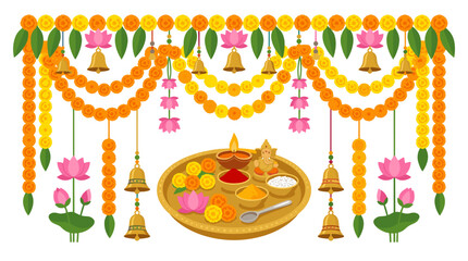 Naklejka premium Indian Festival Decoration with Ganesha Idol Diya Flowers Bells and Garlands Vector Illustration