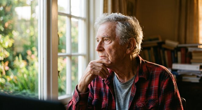 Elderly man in a red flannel shirt looks thoughtfully out of a window World Alzheimer's Day