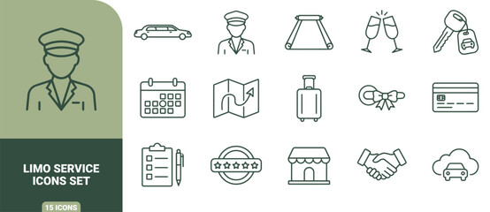 Naklejka premium Limo service icon set featuring a chauffeur, limousine, red carpet, champagne flutes, car keys, calendar, map, luggage, bow, credit card, and handshake
