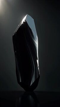 Glossy black obsidian monolith with subtle cinematic lighting reflections standing in a vast minimalist dark void, detailed 3D CGI animation ideal for abstract background concepts