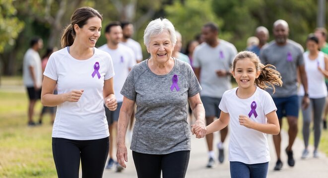 Woman an elderly woman and a child participate in a charity walk while wearing purple ribbons World Alzheimer's Day