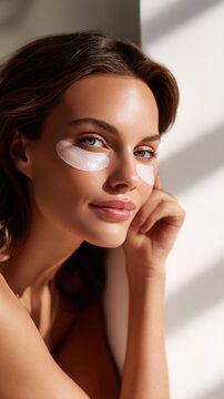 Young woman with eye patches gently smiling and resting her face on hand while enjoying natural sunlight in a serene moment of skincare routine
