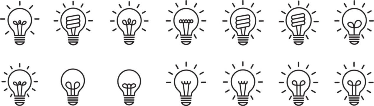 Collection of light bulb icons featuring diverse filament designs energy saving spiral patterns and basic glow outlines as creative vector illustrations for innovative electricity ideas.