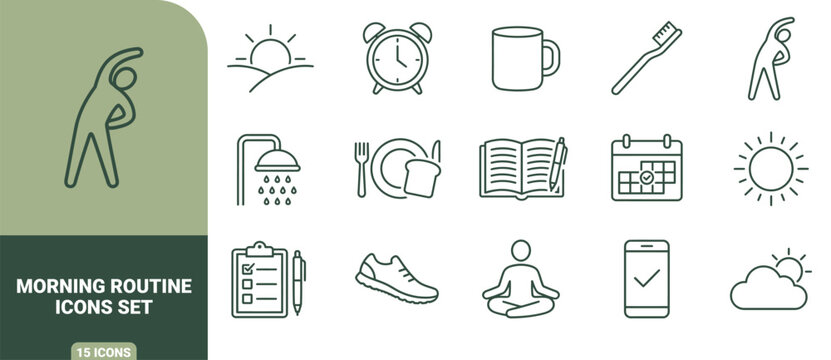 Morning routine icon set featuring daily activities, health habits, and schedule planning symbols in dark green line style