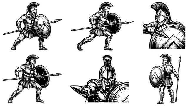 Spartan warrior holding spear and shield collection, ancient greek gladiator battle poses line art , vector illustration