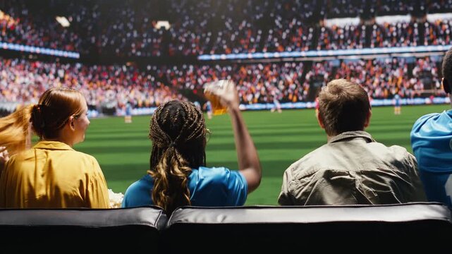 Football fans celebrate goal at home with beer cup while watching football match on TV, high fidelity coverage transporting supporters to the stadium field for immersive home sports viewing.
