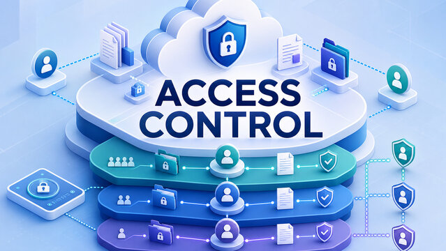 Isometric illustration of cloud access control with user profiles, secure folders, documents, shields, locks, and connected permission layers.