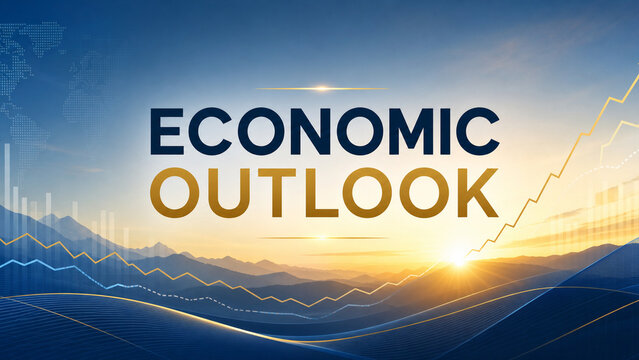 Blue and gold economic outlook concept featuring rising market charts, global data graphics, mountains, and a bright sunrise.
