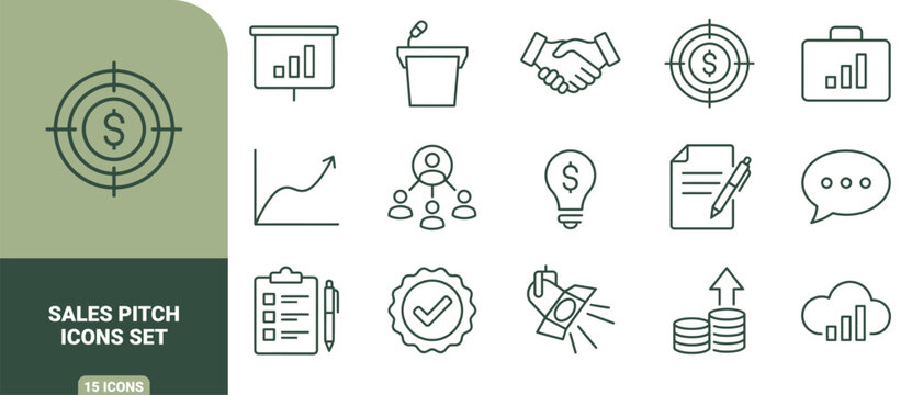 Set of 15 dark green outline business icons featuring a dollar target, presentation chart, handshake, growth graph, lightbulb, and document symbols