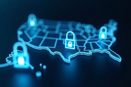 Digital map of United States with glowing blue cyber security padlocks illustrating data privacy protection and network safety across America