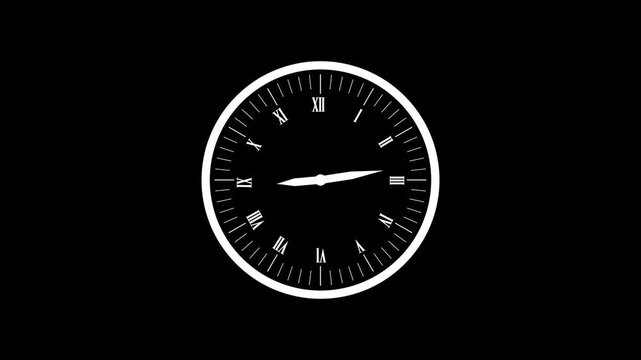 Analog clock animation featuring Roman numerals, detailed clock markings, and moving hands on a transparent background. Ideal for time, schedule, countdown, info graphic and motion graphics projects.