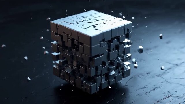 A metallic cube transforms into a complex structure of smaller cubes, with pieces breaking away in a dynamic animation.