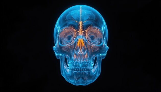Glowing blue human skull scan. Medical 3D visualization of a cranium on black background.