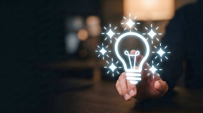 Professional Touching Holographic Mindset Growth Interface with Lightbulb and Spark Symbols