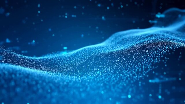 Abstract blue particle waves flowing in a digital space with glowing dots and dynamic motion