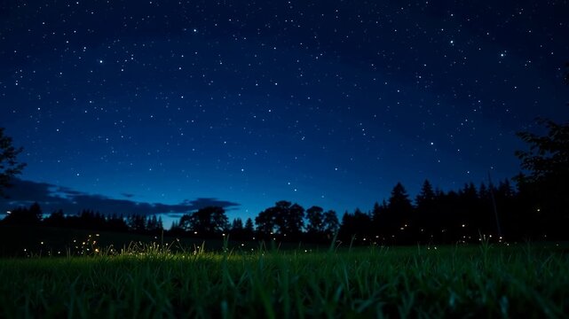 Star-filled night sky over a grassy field with glowing fireflies and silhouetted trees