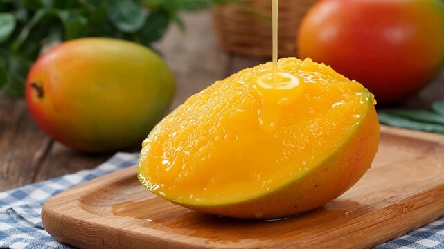 A juicy half of a mango on a wooden board with mango juice being poured onto it