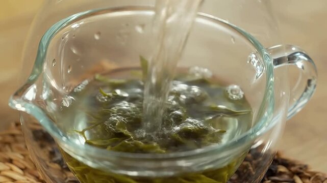 Hot water being poured into a glass pitcher containing green tea leaves