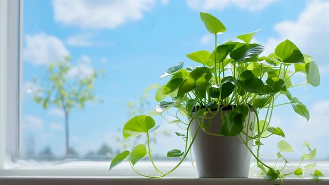 A potted green plant sits on a windowsill with a bright blue sky and trees visible outside.