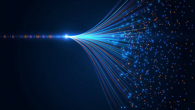 Binary code stream converting into glowing light beams and scattered data points.