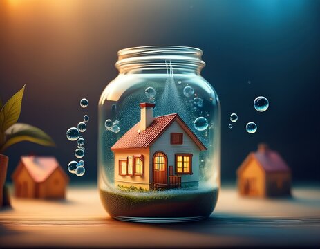 affordable housing challenge market pressure jar hand bubbles glass miniature house concept business finance problem stress solution risk
