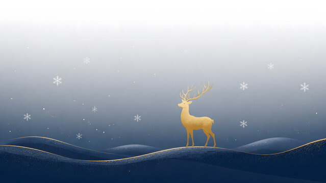 Golden Deer Standing on Winter Snowy Mountains Background
