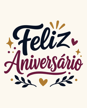 Ilustra&ccedil;&atilde;o vetorial de lettering Feliz Anivers&aacute;rio com elementos decorativos azul, roxo e dourado