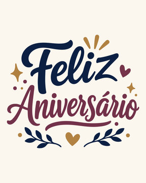 Ilustra&ccedil;&atilde;o vetorial de lettering Feliz Anivers&aacute;rio com elementos decorativos azul, roxo e dourado