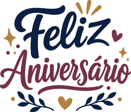 Ilustra&ccedil;&atilde;o vetorial de lettering Feliz Anivers&aacute;rio com elementos decorativos azul, roxo e dourado