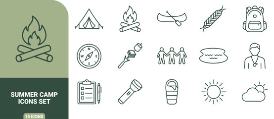 Fototapeta premium Summer camp icon set featuring line of camping gear, outdoor activities, nature and adventure equipment on a white background