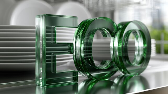 Transparent green glass letters spelling eco on reflective surface with stacked white plates in bright modern kitchen background representing sustainability con