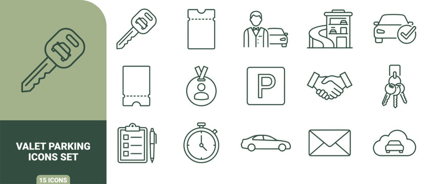 Valet parking icon set featuring outline of car keys, parking tickets, attendants, multi-level garages, and vehicle symbols