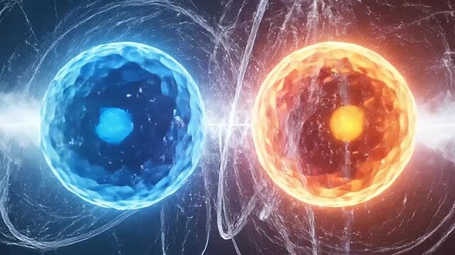 Abstract visualization of two glowing spheres representing opposing energy forces in deep space