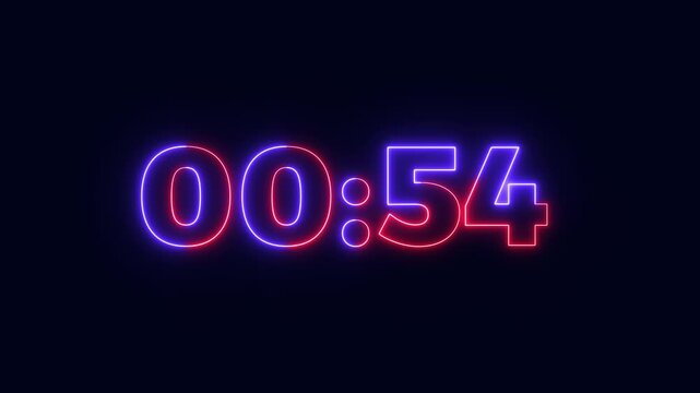 Abstract clock 1 minutes countdown. One minute countdown timer animation on transparent background with alpha channel. Glowing neon 4K countdown animation