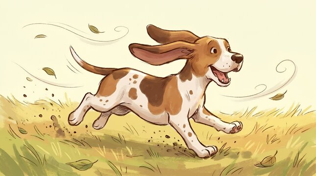 Playful illustration of an energetic young hound puppy happily sprinting forward with ears flying in the wind dog puppy running cute character illustration pet animal energetic playful